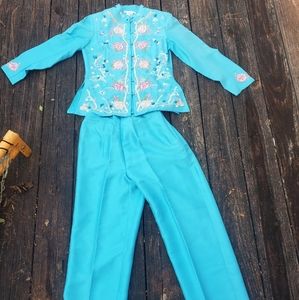 Vintage Asian Blue Silk Womens Set Oriental Beaded